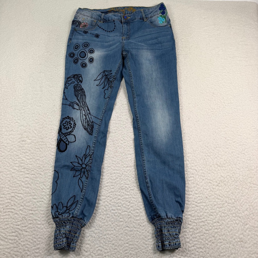 Desigual Jogger Jeans Women EU 32 US 0 Blue Embroidered Parrot Floral Boho Denim